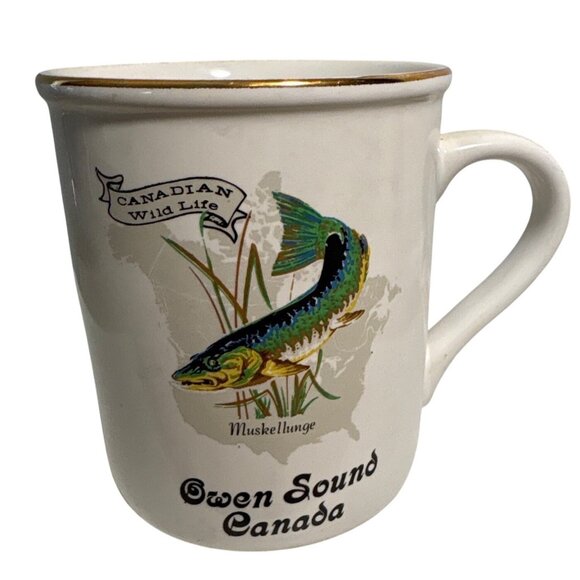 Vtg TA Wardle Canadian Wildlife Coffee Mug Muskellunge Owen Sound 22K Gold Trim - Picture 1 of 7